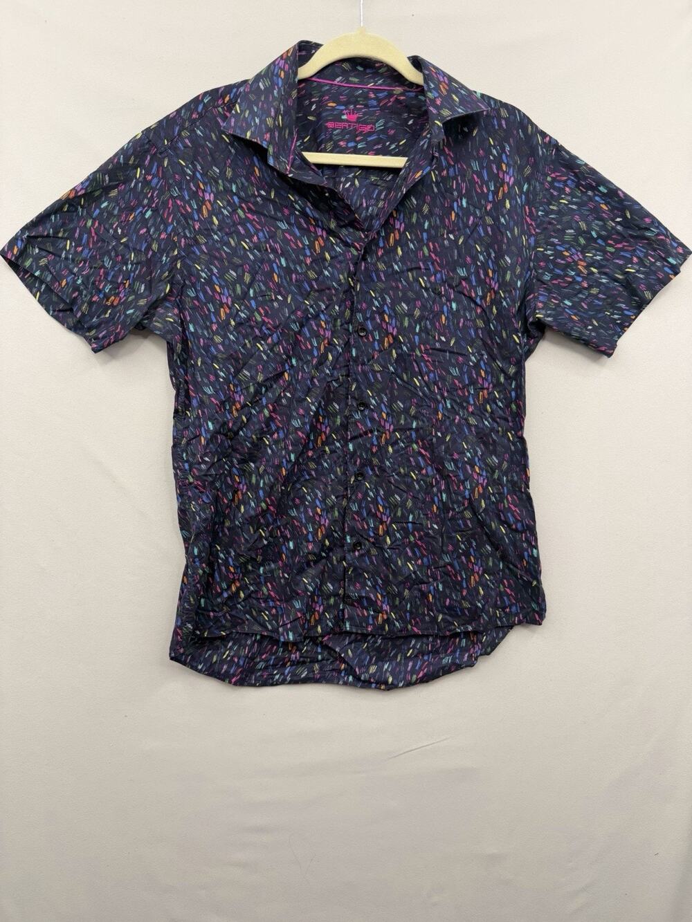 BERTIGO Shirt Mens L Black Multi Color Geometric Casual Hawaiian Button Up